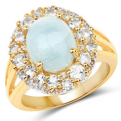 14K Yellow Gold Plated 6.72 Carat Genuine Aquamarine and White Topaz .925 Sterling Silver Ring Bids.com