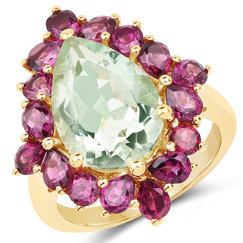 14K Yellow Gold Plated 7.21 Carat Genuine Green Amethyst and Rhodolite .925 Sterling Silver Ring Bids.com