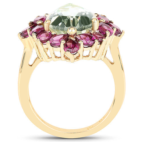 14K Yellow Gold Plated 7.21 Carat Genuine Green Amethyst and Rhodolite .925 Sterling Silver Ring Bids.com
