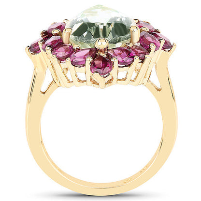 14K Yellow Gold Plated 7.21 Carat Genuine Green Amethyst and Rhodolite .925 Sterling Silver Ring Bids.com