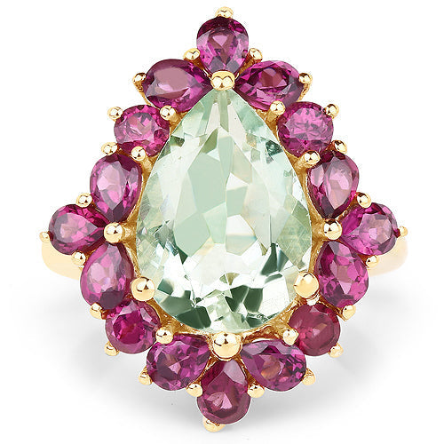 14K Yellow Gold Plated 7.21 Carat Genuine Green Amethyst and Rhodolite .925 Sterling Silver Ring Bids.com