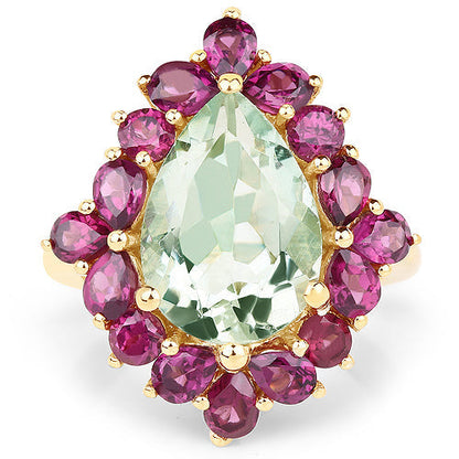 14K Yellow Gold Plated 7.21 Carat Genuine Green Amethyst and Rhodolite .925 Sterling Silver Ring Bids.com