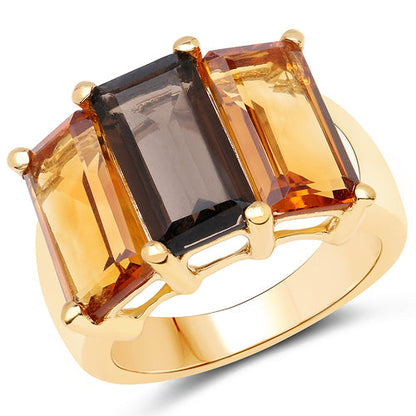 14K Yellow Gold Plated 8.14 Carat Genuine Smoky Quartz, Citrine and Champagne Quartz .925 Sterling Silver Ring Bids.com