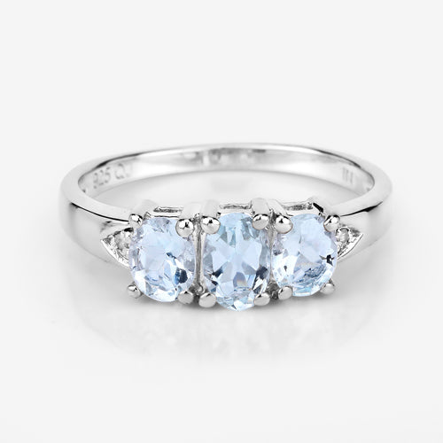0.95 Carat Genuine Aquamarine and White Diamond .925 Sterling Silver Ring Bids.com