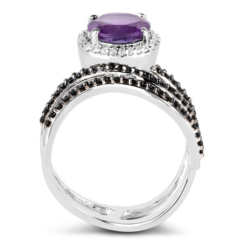 2.31 Carat Genuine Amethyst, Black Spinel and White Diamond .925 Sterling Silver Ring Bids.com