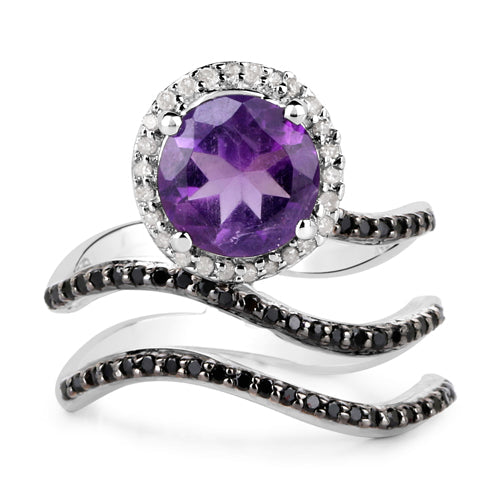 2.31 Carat Genuine Amethyst, Black Spinel and White Diamond .925 Sterling Silver Ring Bids.com