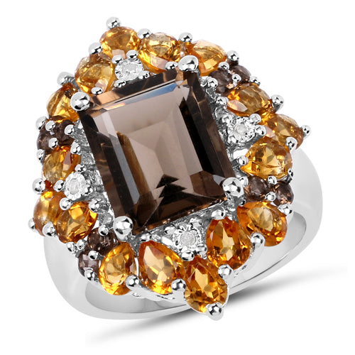 6.72 Carat Genuine Smoky Quartz, Citrine and White Diamond .925 Sterling Silver Ring Bids.com