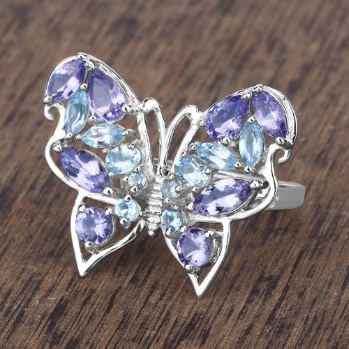 3.60 Carat Genuine Tanzanite and Swiss Blue Topaz .925 Sterling Silver Ring Bids.com