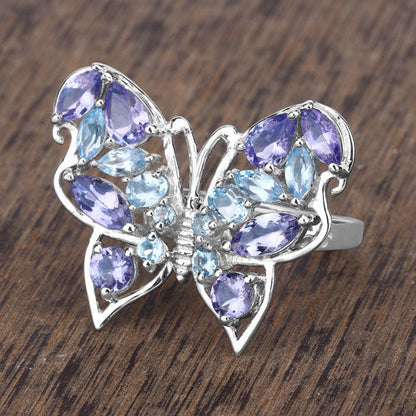 3.60 Carat Genuine Tanzanite and Swiss Blue Topaz .925 Sterling Silver Ring Bids.com