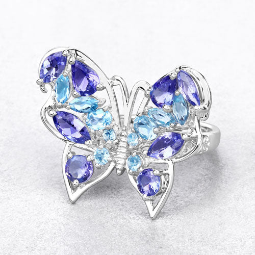 3.60 Carat Genuine Tanzanite and Swiss Blue Topaz .925 Sterling Silver Ring Bids.com