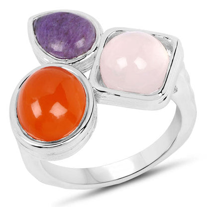 5.21 Carat Genuine Rose Quartz, Carnelian And Charolite .925 Sterling Silver Ring Bids.com