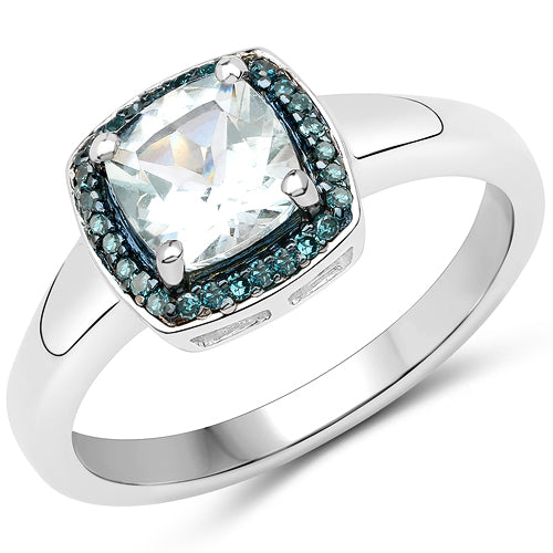 0.83 Carat Genuine Aquamarine and Blue Diamond .925 Sterling Silver Ring Bids.com