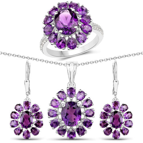 11.60 Carat Genuine Amethyst and White Topaz .925 Sterling Silver 3 Piece Jewelry Set (Ring, Earrings, and Pendant w/ Chain) Bids.com