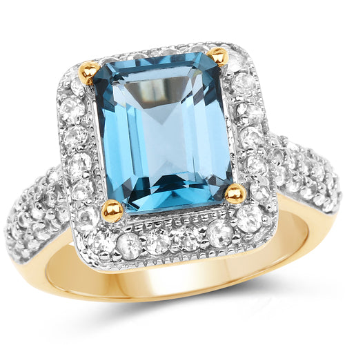 14K Yellow Gold Plated 5.03 Carat Genuine London Blue Topaz and White Topaz .925 Sterling Silver Ring Bids.com