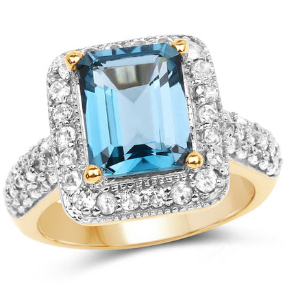 14K Yellow Gold Plated 5.03 Carat Genuine London Blue Topaz and White Topaz .925 Sterling Silver Ring Bids.com