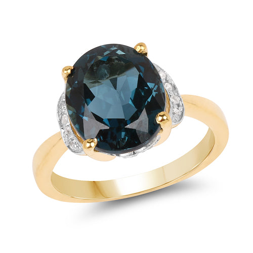 14K Yellow Gold Plated 6.09 Carat Genuine London Blue Topaz & White Diamond .925 Sterling Silver Ring Bids.com