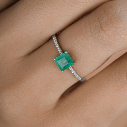 0.64 Carat Genuine Zambian Emerald and White Diamond 14K White Gold Ring Bids.com