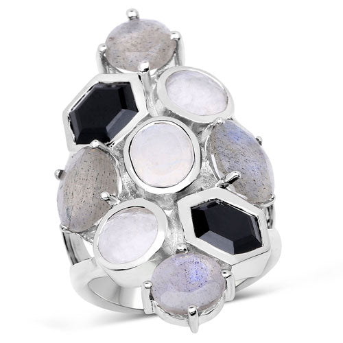 10.30 Carat Genuine White Rainbow Moonstone, Labradorite And Black Onyx .925 Sterling Silver Ring Bids.com