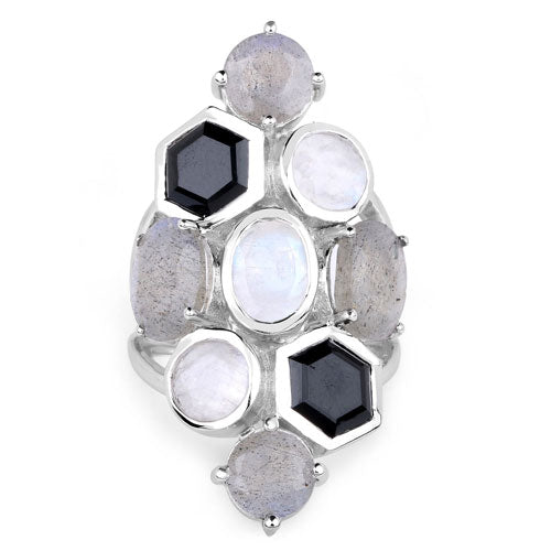 10.30 Carat Genuine White Rainbow Moonstone, Labradorite And Black Onyx .925 Sterling Silver Ring Bids.com