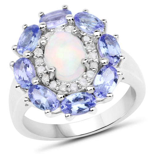3.05 Carat Genuine Ethiopian Opal, Tanzanite and White Diamond .925 Sterling Silver Ring Bids.com