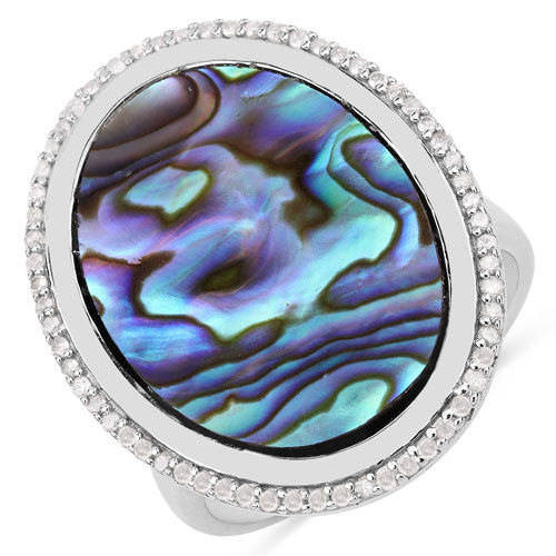 13.64 Carat Genuine Abalone and White Diamond .925 Sterling Silver Ring Bids.com