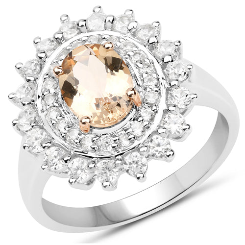 Two Tone Plated 2.30 Carat Genuine Peach Morganite and White Zircon .925 Sterling Silver Ring Bids.com