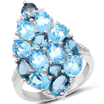 6.69 Carat Genuine Swiss Blue Topaz, London Blue Topaz and White Zircon .925 Sterling Silver Ring Bids.com