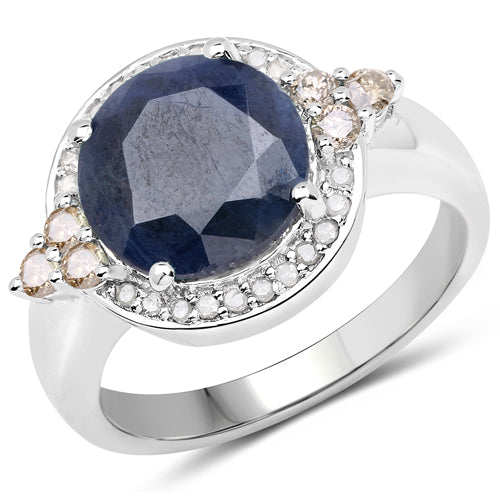 4.10 Carat Genuine Blue Sapphire, Champagne Diamond and White Diamond .925 Sterling Silver Ring Bids.com