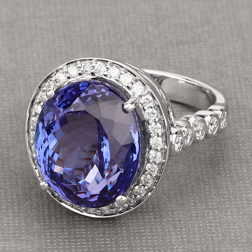 18.50 Carat Genuine Tanzanite and White Diamond 18K White Gold Ring Bids.com