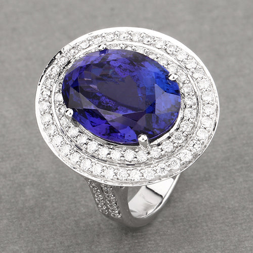 13.78 Carat Genuine Tanzanite and White Diamond 18K White Gold Ring Bids.com