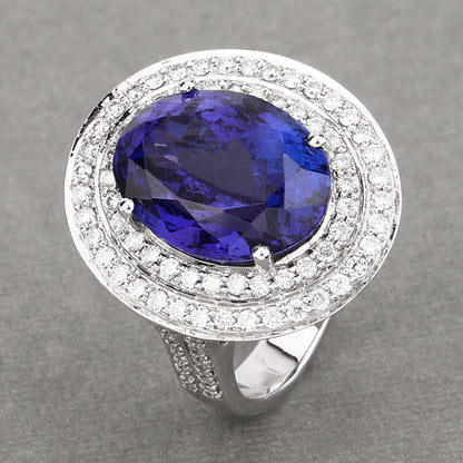 13.78 Carat Genuine Tanzanite and White Diamond 18K White Gold Ring Bids.com