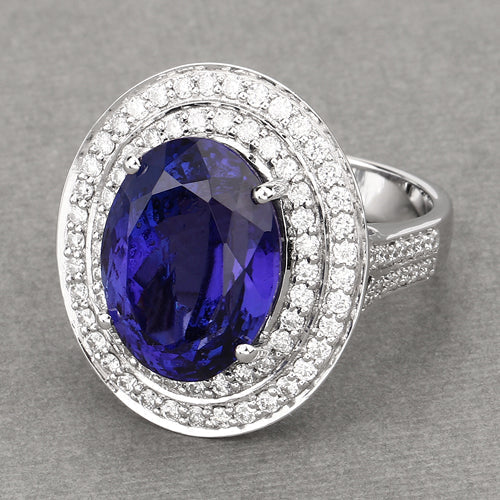 13.78 Carat Genuine Tanzanite and White Diamond 18K White Gold Ring Bids.com