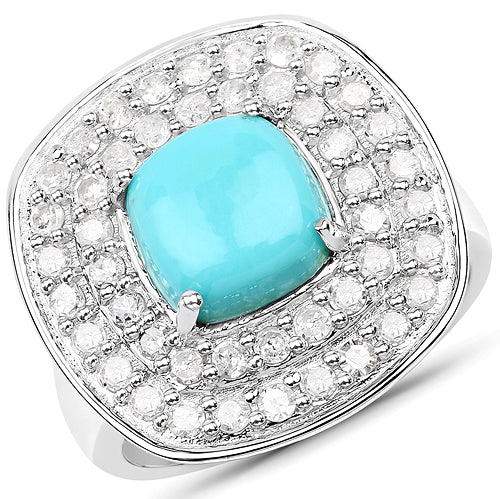 2.80 Carat Genuine Turquoise and White Diamond .925 Sterling Silver Ring Bids.com