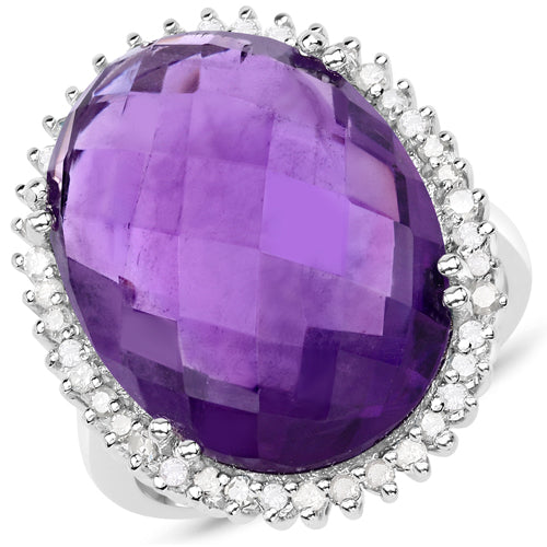 14.90 Carat Genuine Amethyst and White Diamond .925 Sterling Silver Ring Bids.com