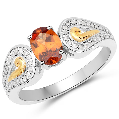 1.01 Carat Genuine Garnet and White Diamond 14K Yellow Gold with .925 Sterling Silver Ring Bids.com