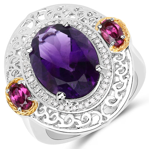5.58 Carat Genuine Amethyst, Rhodolite and White Diamond 14K Yellow Gold with .925 Sterling Silver Ring Bids.com