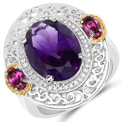 5.58 Carat Genuine Amethyst, Rhodolite and White Diamond 14K Yellow Gold with .925 Sterling Silver Ring Bids.com
