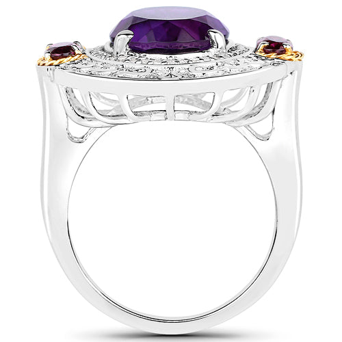5.58 Carat Genuine Amethyst, Rhodolite and White Diamond 14K Yellow Gold with .925 Sterling Silver Ring Bids.com