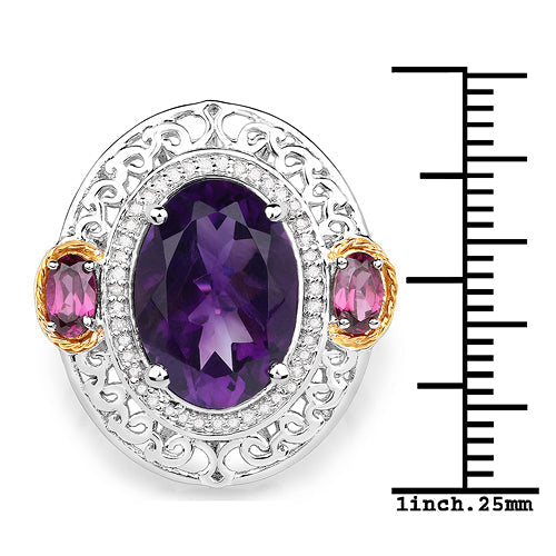 5.58 Carat Genuine Amethyst, Rhodolite and White Diamond 14K Yellow Gold with .925 Sterling Silver Ring Bids.com