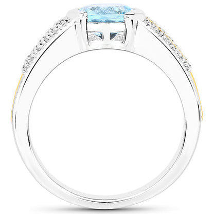 1.37 Carat Genuine Aquamarine and White Diamond 14K Yellow Gold with .925 Sterling Silver Ring Bids.com