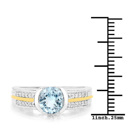 1.37 Carat Genuine Aquamarine and White Diamond 14K Yellow Gold with .925 Sterling Silver Ring Bids.com