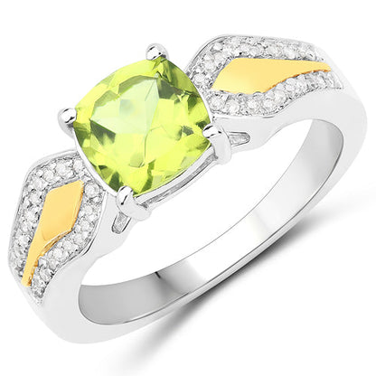 1.64 Carat Genuine Peridot and White Diamond 14K Yellow Gold with .925 Sterling Silver Ring Bids.com