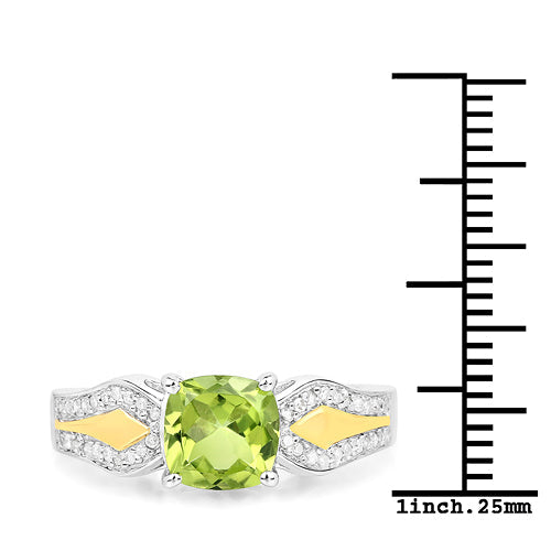 1.64 Carat Genuine Peridot and White Diamond 14K Yellow Gold with .925 Sterling Silver Ring Bids.com