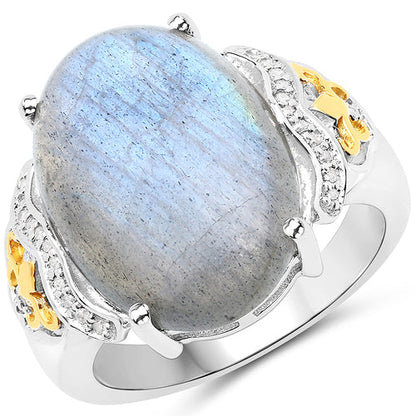 10.56 Carat Genuine Labradorite and White Diamond 14K Yellow Gold with .925 Sterling Silver Ring Bids.com