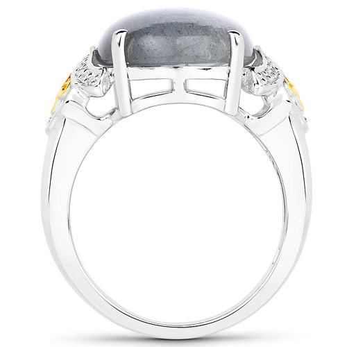 10.56 Carat Genuine Labradorite and White Diamond 14K Yellow Gold with .925 Sterling Silver Ring Bids.com