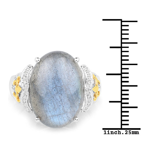 10.56 Carat Genuine Labradorite and White Diamond 14K Yellow Gold with .925 Sterling Silver Ring Bids.com
