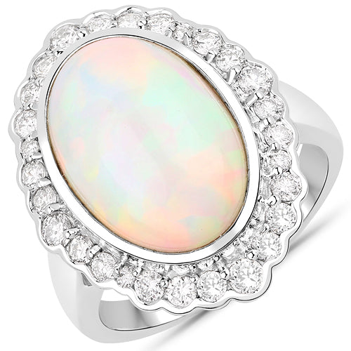 6.38 Carat Genuine Ethiopian Opal and White Diamond 14K White Gold Ring Bids.com