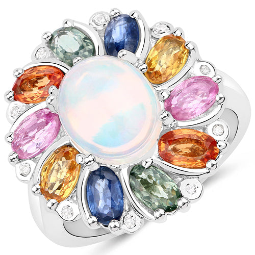 3.92 Carat Genuine Ethiopian Opal, Multi Sapphire and White Diamond .925 Sterling Silver Ring Bids.com