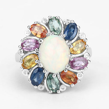 3.92 Carat Genuine Ethiopian Opal, Multi Sapphire and White Diamond .925 Sterling Silver Ring Bids.com