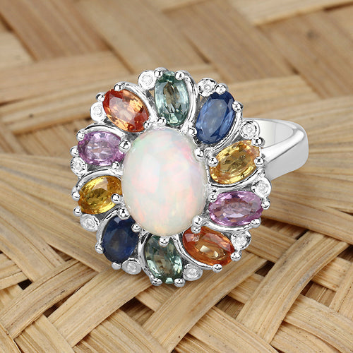 3.92 Carat Genuine Ethiopian Opal, Multi Sapphire and White Diamond .925 Sterling Silver Ring Bids.com